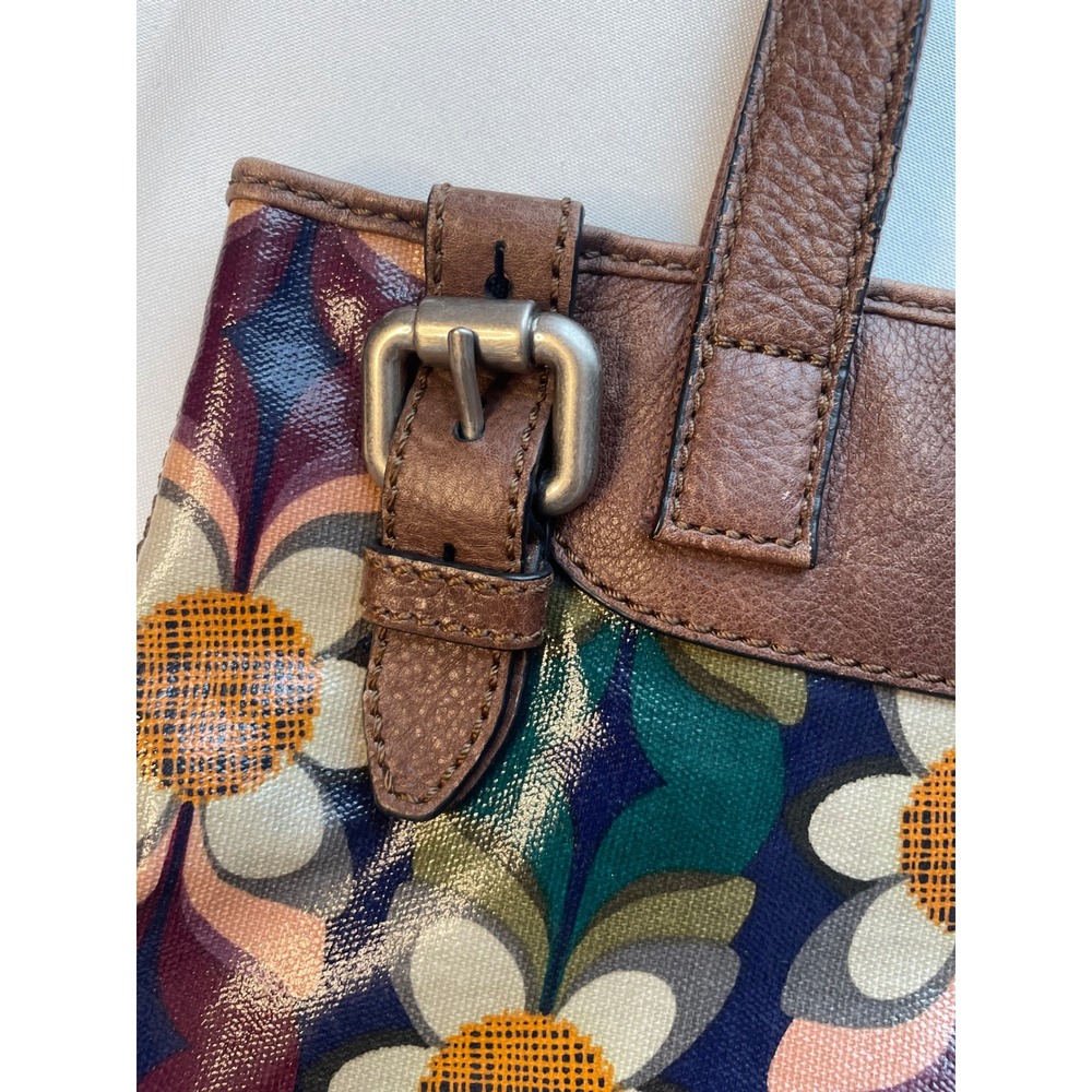 Fossil Key-Per Retro Floral Coated Canvas Tote Brown Leather Trim Multi-Color - Picture 5 of 14